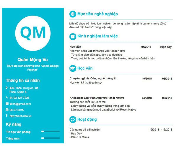 Gợi ý cách viết Mẫu CV tham khảo Thực tập sinh chương trình "Game Design Fresher"