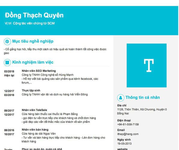 Mẫu CV Vị trí  Cộng tác viên chứng từ SCM