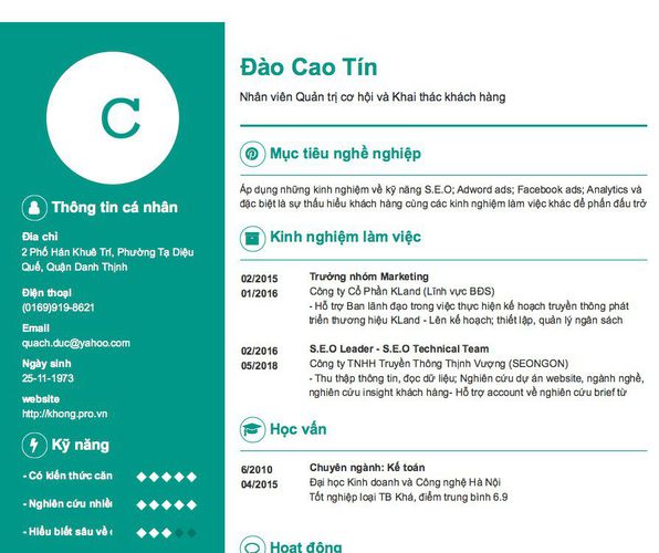 Mẫu CV Nhân viên Quản trị cơ hội và Khai thác khách hàng