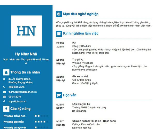 Mẫu CV Vị trí  Nhân viên Thu ngân/ Pha chế / Phục vụ
