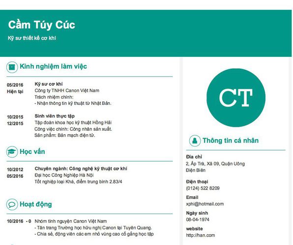 Mẫu CV Kỹ sư thiết kế cơ khí