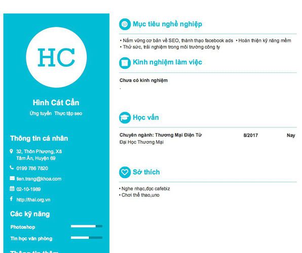 Mẫu CV Ứng tuyển  Thực tập seo