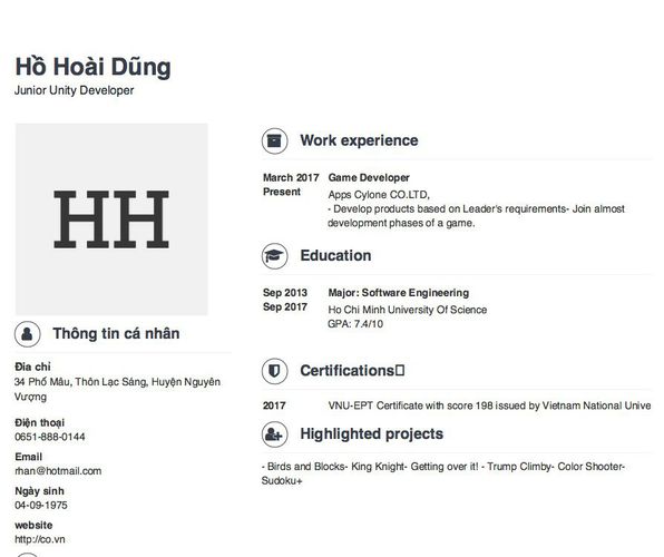 Mẫu CV Junior Unity Developer