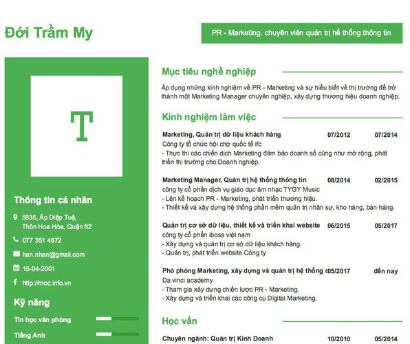 Gợi ý cách viết Mẫu CV tham khảo PR - Marketing. chuyên viên quản trị hế thống thông tin