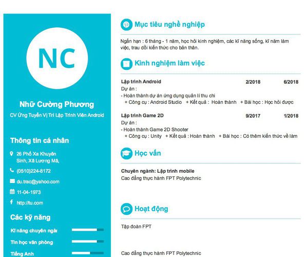 Mẫu CV CV Ứng Tuyển Vị Trí Lập Trình Viên Android