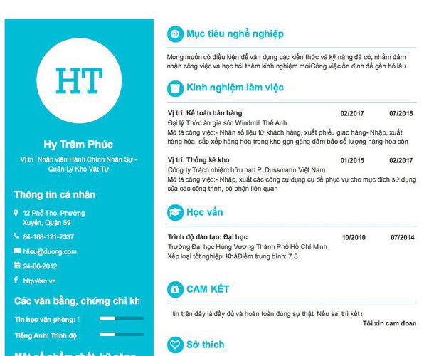 Mẫu CV Vị trí  Nhân viên Hành Chính Nhân Sự - Quản Lý Kho Vật Tư