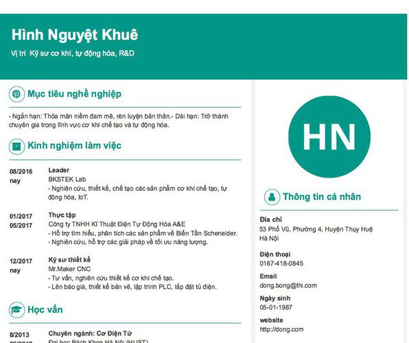 Gợi ý cách viết Mẫu CV tham khảo Vị trí  Kỹ sư cơ khí, tự động hóa, R&D