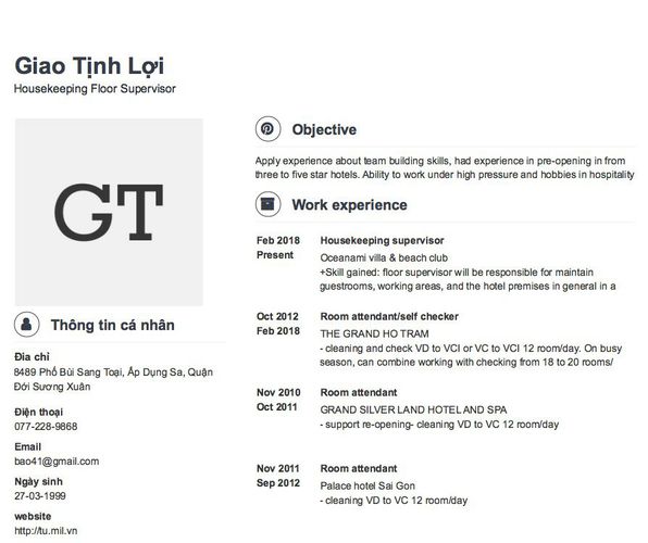 Mẫu CV Housekeeping Floor Supervisor