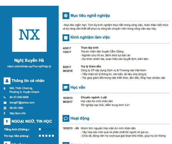 Mẫu CV Hành chính/Nhân sự/Thư ký/Pháp lý