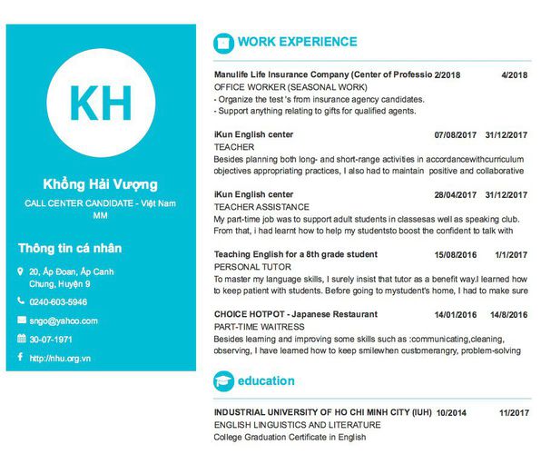 Mẫu CV CALL CENTER CANDIDATE - Việt Nam MM
