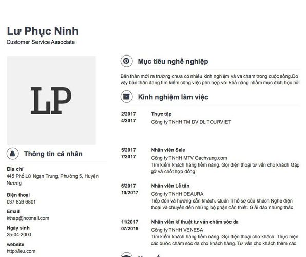 Mẫu CV Customer Service Associate