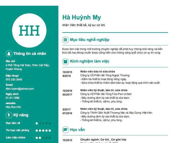 Mẫu CV nhân Viên thiết kế, kỹ sư cơ khí.