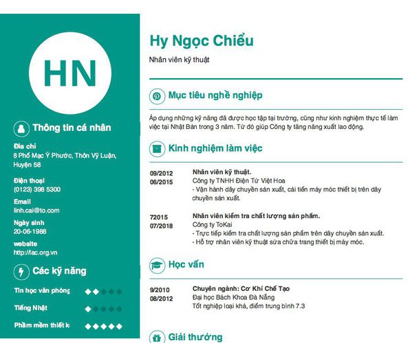 Mẫu CV Nhân viên kỹ thuật