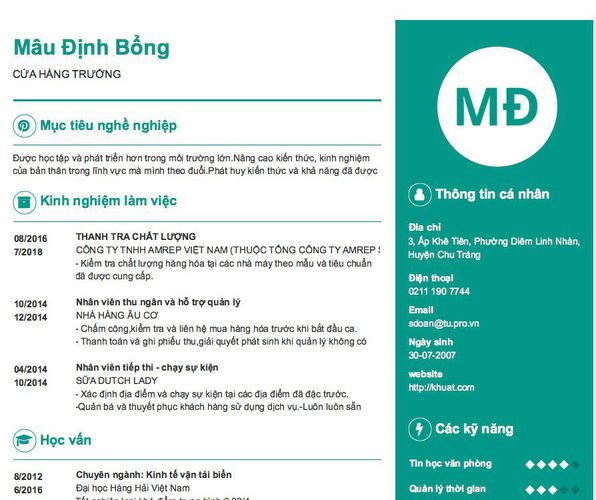 Mẫu CV CỬA HÀNG TRƯỞNG