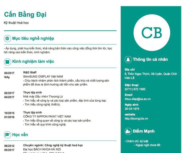 Mẫu CV Kỹ thuật Hoá học