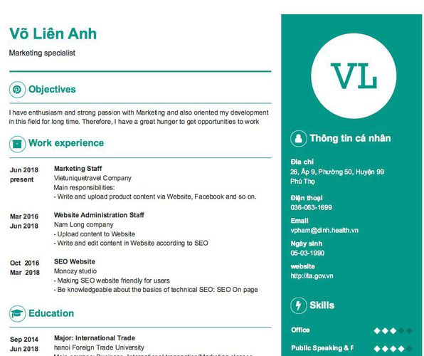 Mẫu CV Marketing specialist