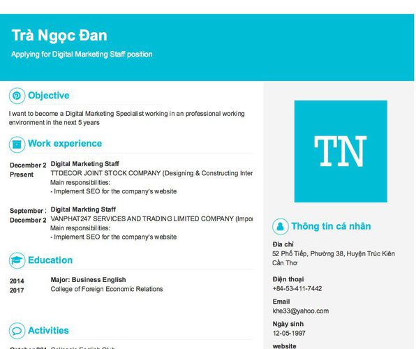 Mẫu CV Applying for Digital Marketing Staff position