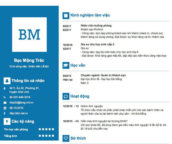 Mẫu CV Vị trí công việc  Nhân viên Lễ tân