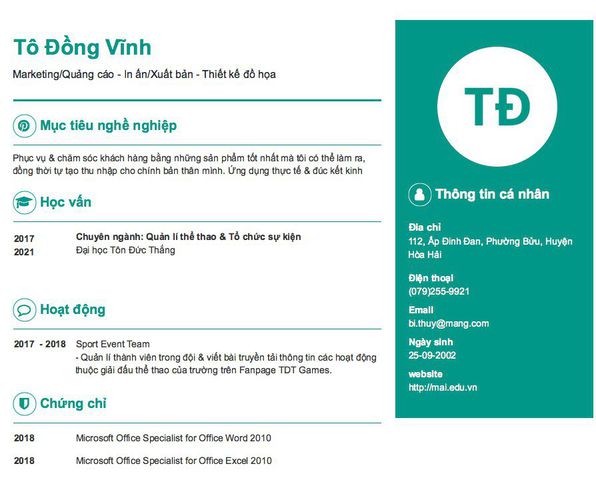 Gợi ý cách viết Mẫu CV tham khảo Marketing/Quảng cáo - In ấn/Xuất bản - Thiết kế đồ họa