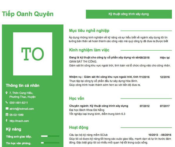 Mẫu CV Kỹ thuật công trình xây dựng