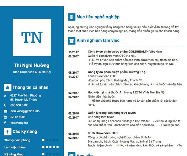 Mẫu CV Trình Dược Viên OTC Hà Nội
