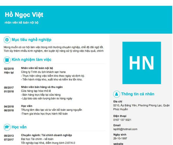 Mẫu CV nhân viên kế toán nội bộ