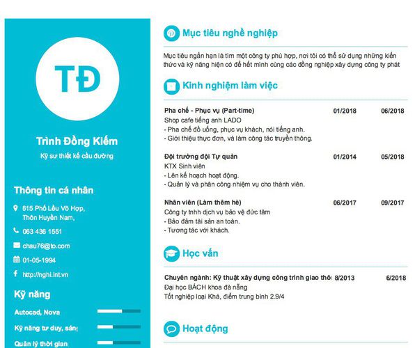 Mẫu CV Kỹ sư thiết kế cầu đường