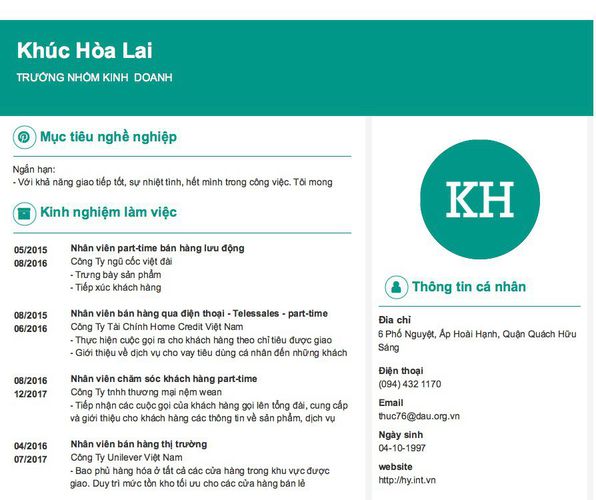 Mẫu CV TRƯỞNG NHÓM KINH  DOANH