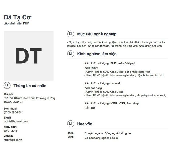 Mẫu CV Lập trình viên PHP