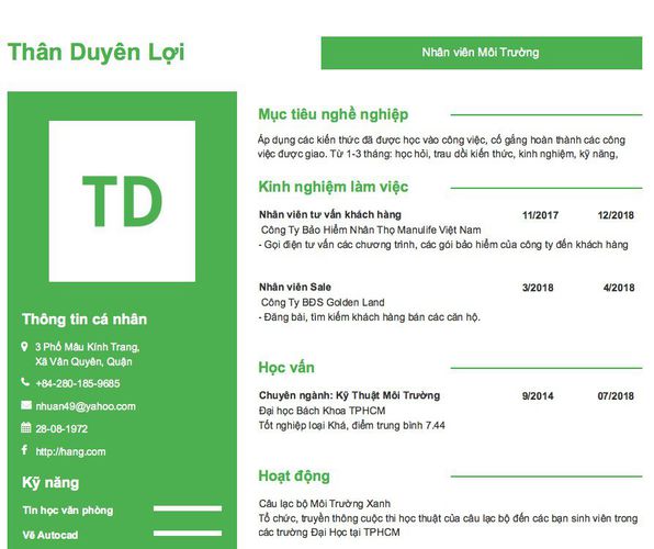 Mẫu CV Nhân viên Môi Trường