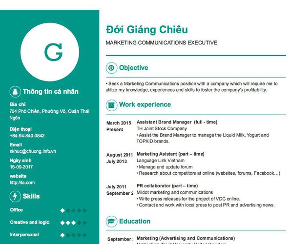 Mẫu CV MARKETING COMMUNICATIONS EXECUTIVE