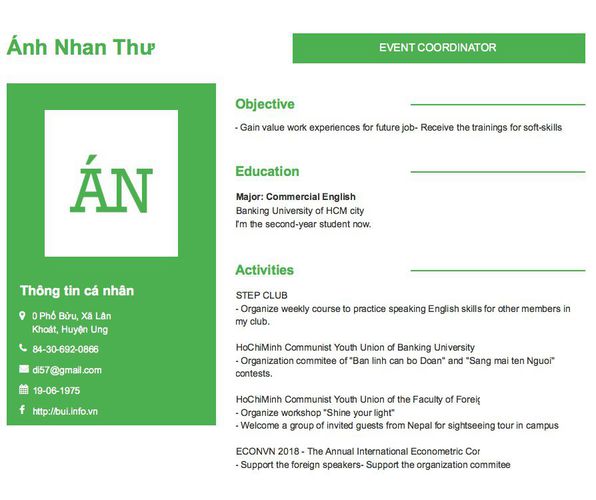 Mẫu CV EVENT COORDINATOR