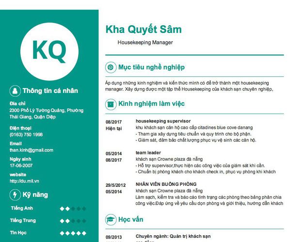 Mẫu CV          Housekeeping Manager