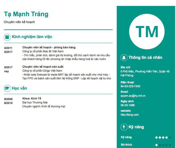 Mẫu CV Chuyên viên kế hoạch