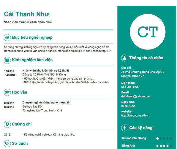 Mẫu CV Nhân viên Quản lí kênh phân phối