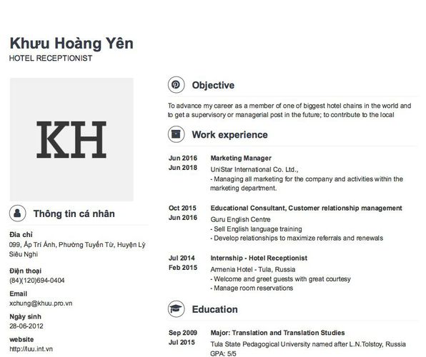 Mẫu CV HOTEL RECEPTIONIST