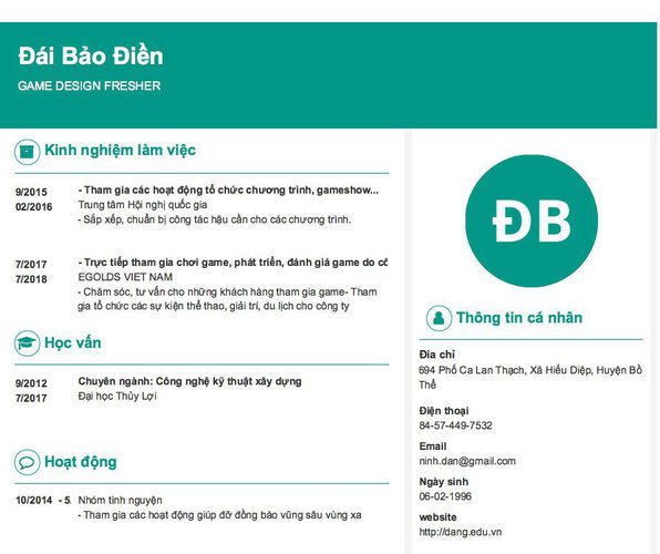 Mẫu CV GAME DESIGN FRESHER