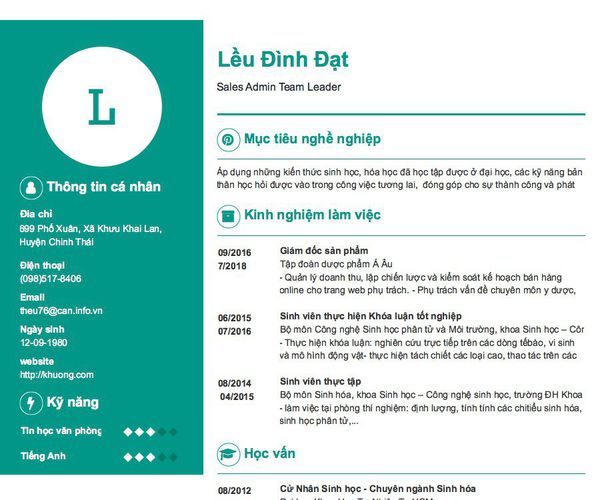 Mẫu CV Sales Admin Team Leader