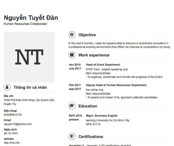 Mẫu CV Human Resources Collaborator