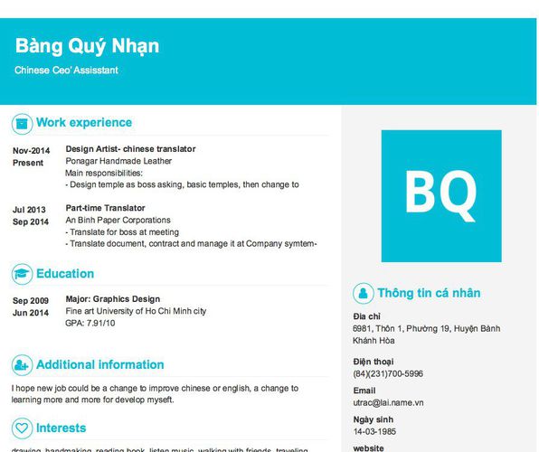 Mẫu CV Chinese Ceo’ Assisstant