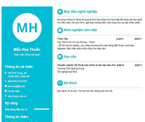 Mẫu CV Nhân viên hỗ trợ kỹ thuật