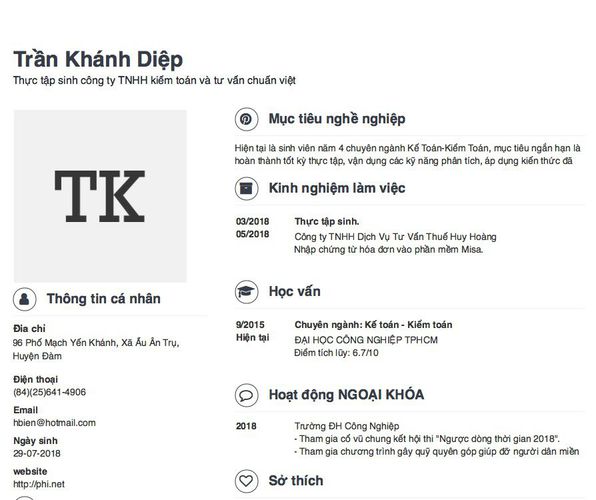 Gợi ý cách viết Mẫu CV tham khảo Thực tập sinh công ty TNHH kiểm toán và tư vấn chuẩn việt