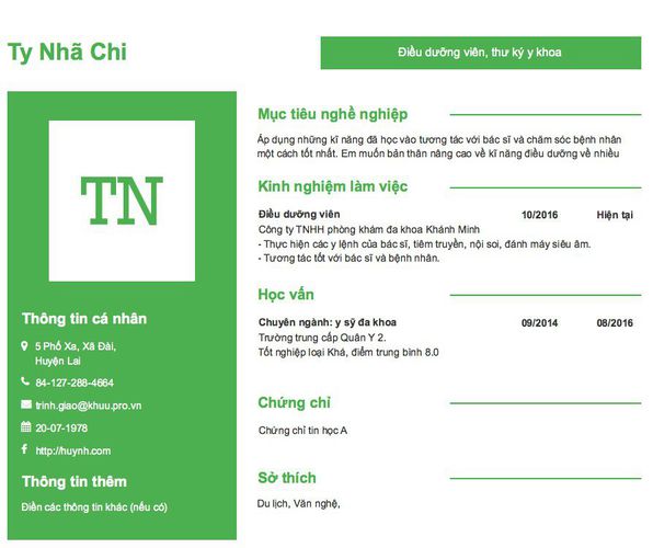 Mẫu CV Điều dưỡng viên, thư ký y khoa