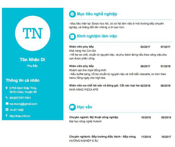 Mẫu CV Phụ Bếp