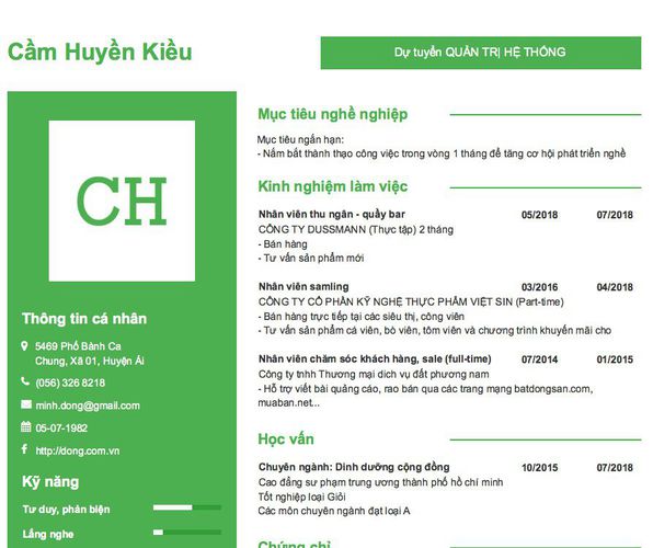 Mẫu CV Dự tuyển QUẢN TRỊ HỆ THỐNG
