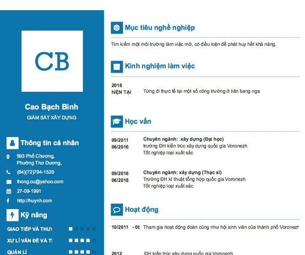 Mẫu CV GIÁM SÁT XÂY DỰNG