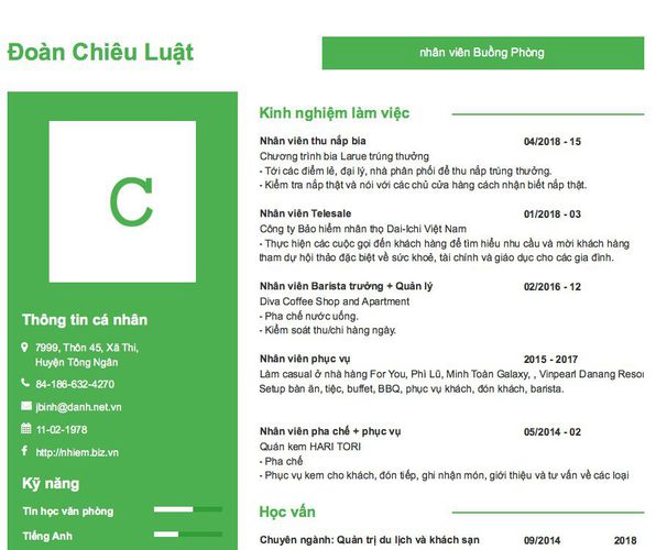 Mẫu CV nhân viên Buồng Phòng