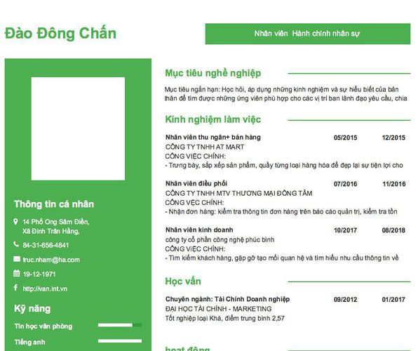 Mẫu CV Nhân viên  Hành chính nhân sự