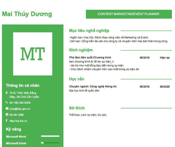 Mẫu CV CONTENT MARKETING/EVENT PLANNER