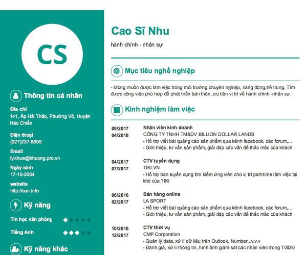 Mẫu CV hành chính - nhân sự